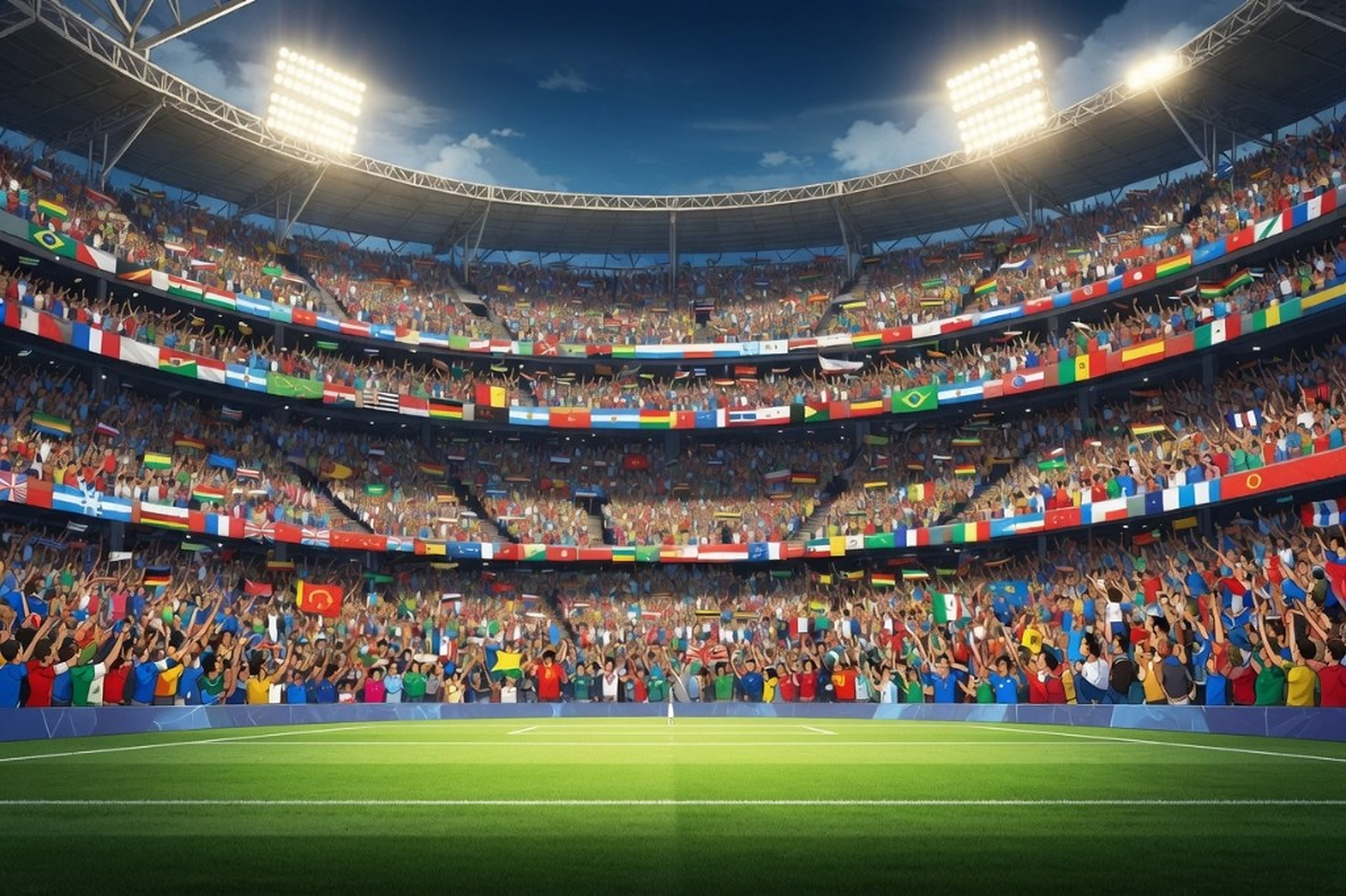 Packed World Cup stadium with flags draped across every tier of the stands